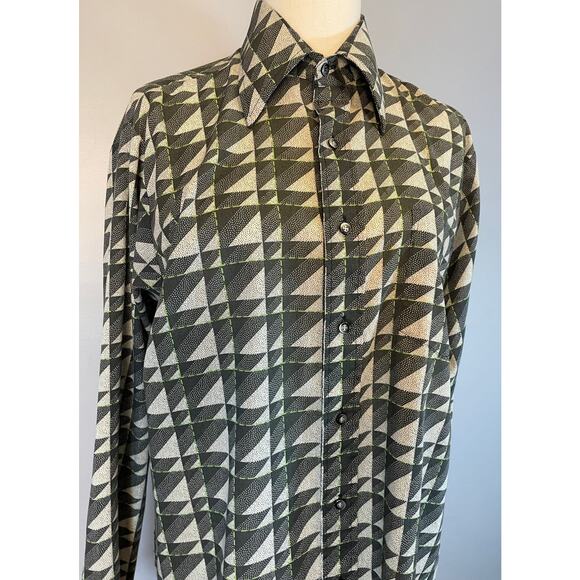 Vtg 70s Geometric Abstract Pointillism Button Front Disco Shirt Dagger Collar LG - Picture 8 of 10